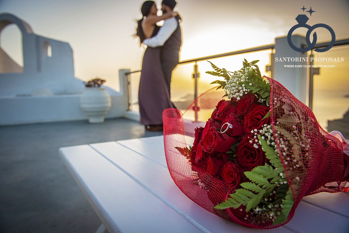 wedding and engagement rings before a Santorini proposal