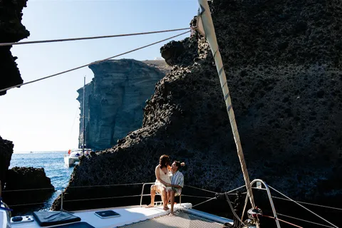 Santorini caldera cliffs catamaran