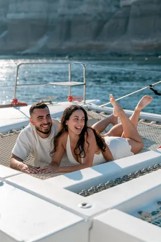 Santorini catamaran engagement happy