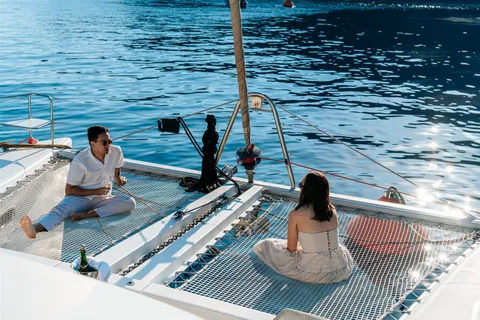 Santorini catamaran proposal at sea