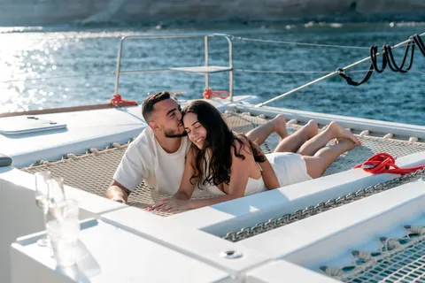 Santorini catamaran proposal couple