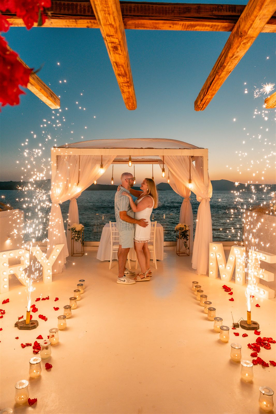 Santorini proposal fireworks marry me