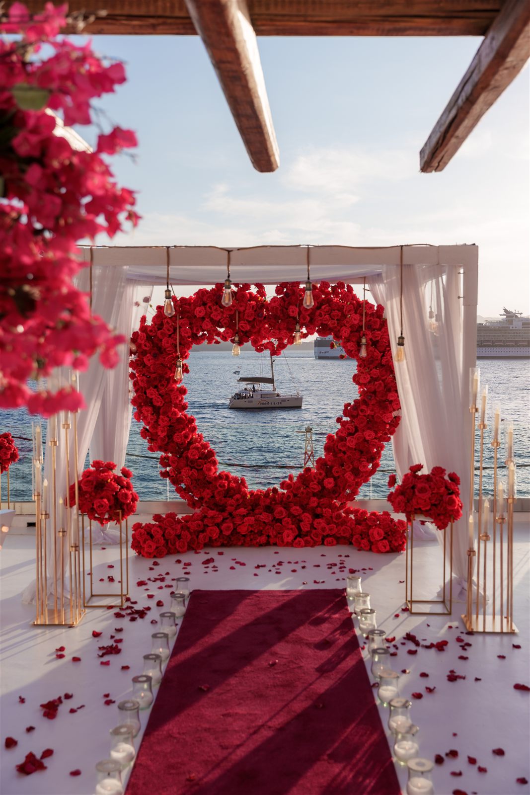 Santorini red heart wreath sea view